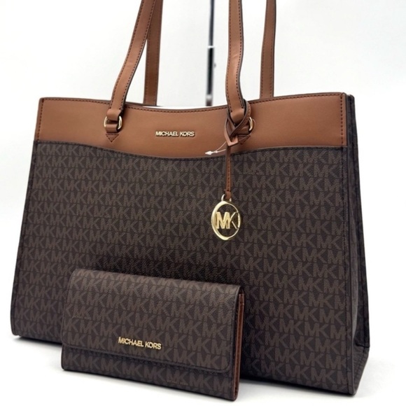 Michael Kors Jet Set Large Signature Logo Tote Bag & Trifold Wallet Matching Set - Picture 1 of 14